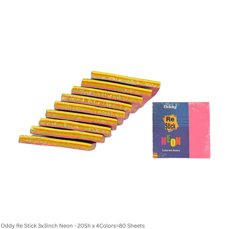 Oddy Re-Stick Notes – Neon Mix, 3 x 3 Inch, 80 Sheets per Pad
