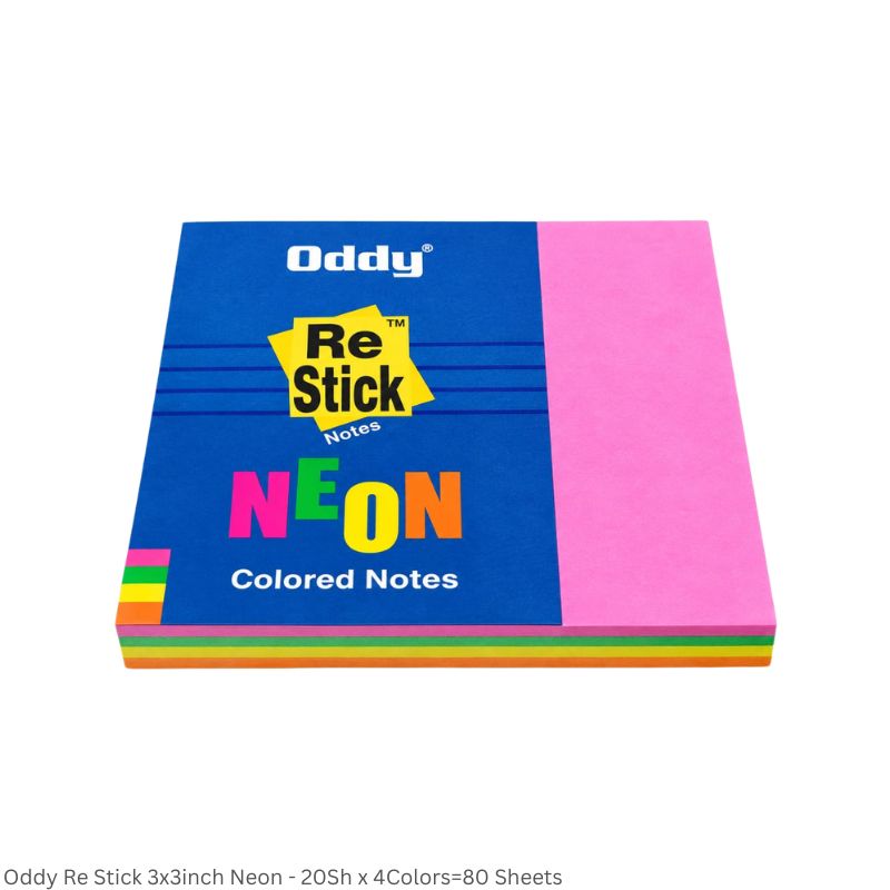 Oddy Re-Stick Notes – Neon Mix, 3 x 3 Inch, 80 Sheets per Pad