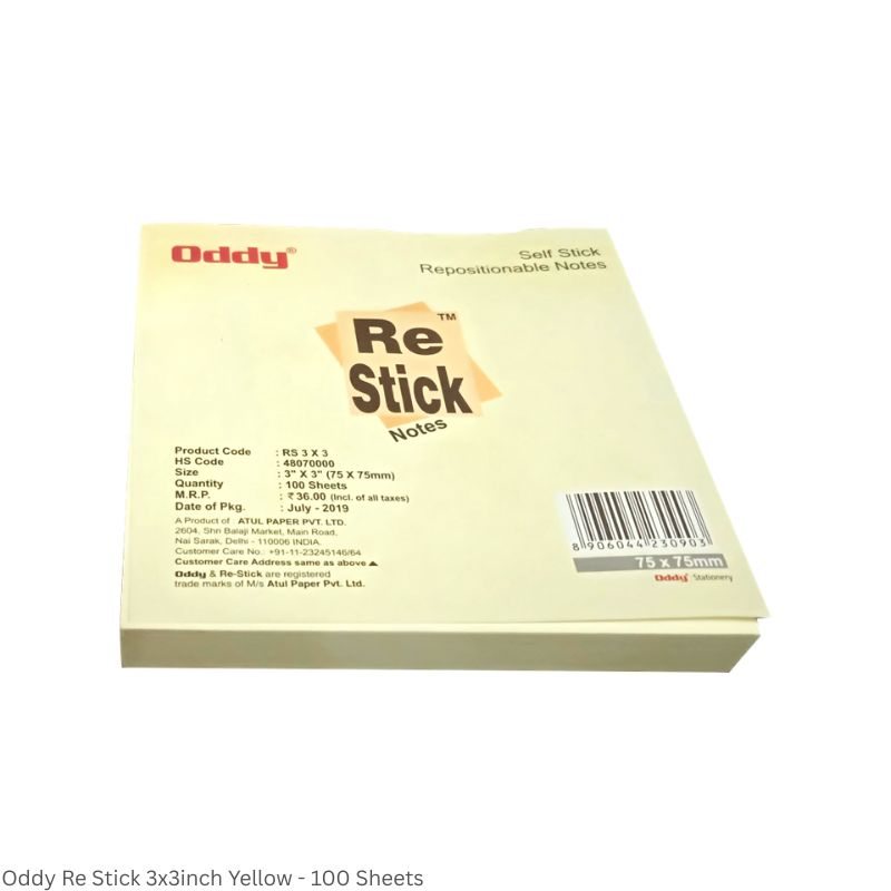 Oddy Re-Stick Notes – Yellow, 3 x 3 Inch, 100 Sheets per Pad
