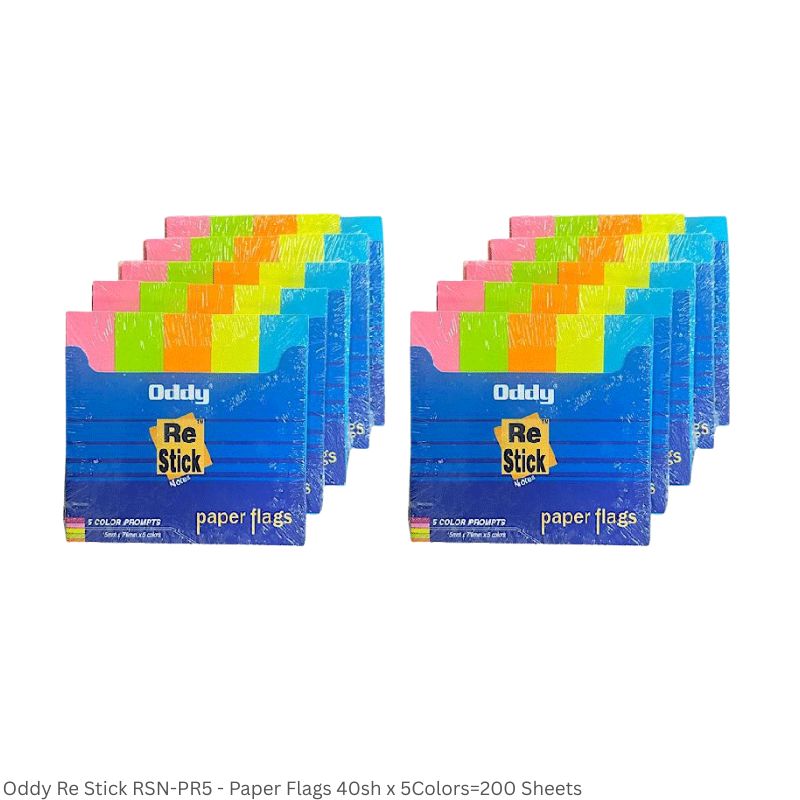 Oddy Re-Stick Prompts RSN-PR5 – 15 x 76mm, 5 Colours, 200 Sheets per Pad