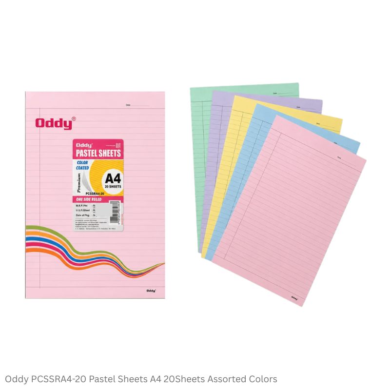 Oddy PCSSRA4 One Side Ruled Pastel Sheets A4 Size – 5 Shades x 4 Sheets (20 Sheets Pack)