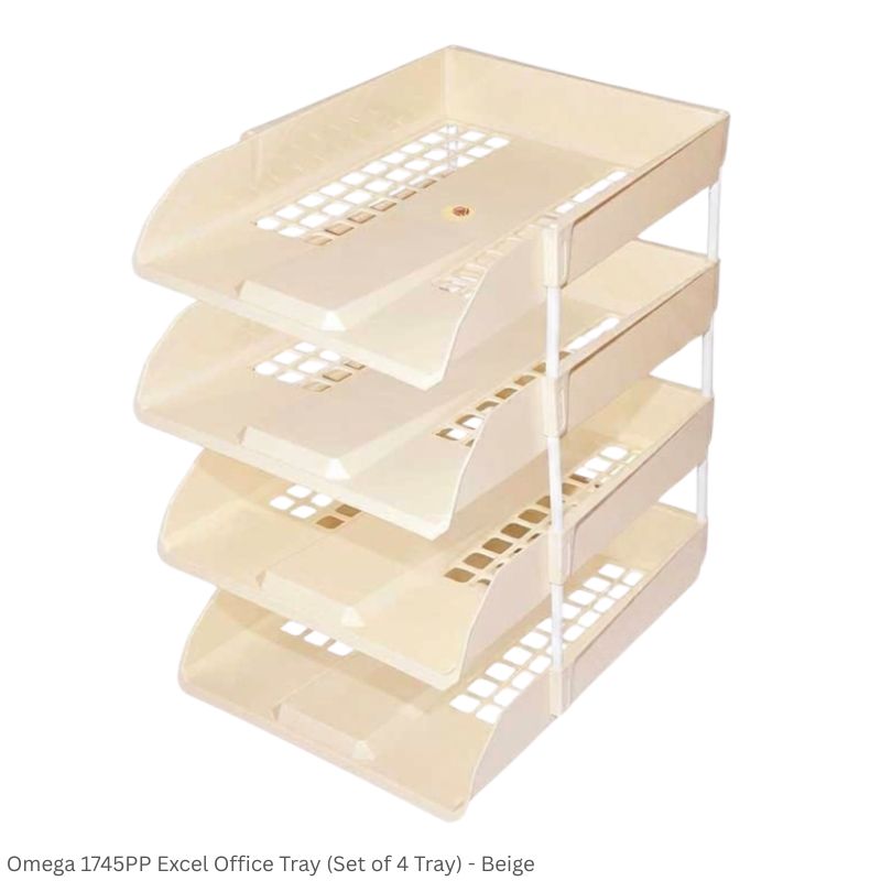 Omega Office Tray 1745PP Excel Set of 4 Trays, 12 Plastic Riser