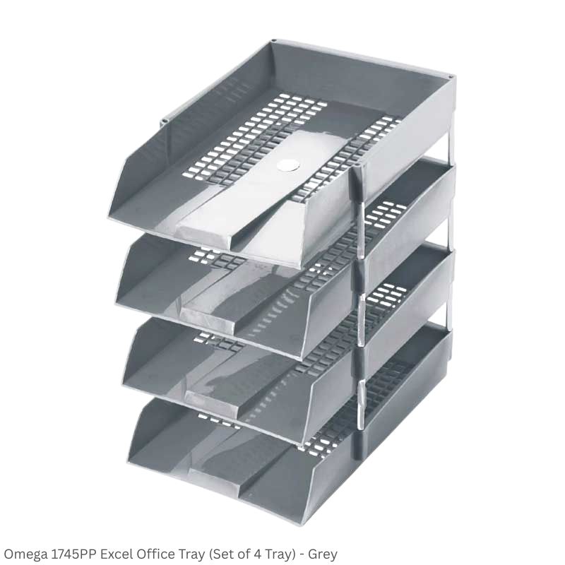Omega Office Tray 1745PP Excel Set of 4 Trays, 12 Plastic Riser