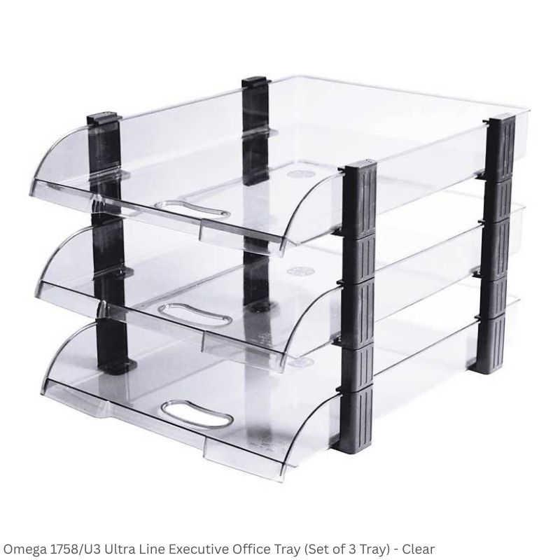 Omega Office Tray 1758/U3 Ultra Fine Executive File Tray Set of 3 Trays, 12 Clips, 8 Riser and 4 Caps