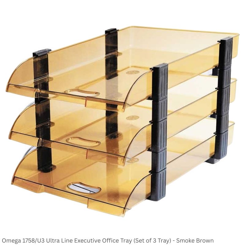 Omega Office Tray 1758/U3 Ultra Fine Executive File Tray Set of 3 Trays, 12 Clips, 8 Riser and 4 Caps
