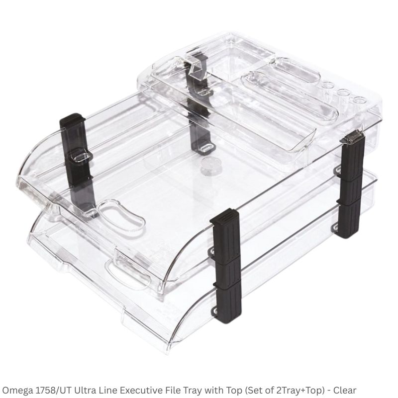 Omega Office Tray 1758/U2 Ultra Fine Executive File Tray Set with 2 Trays, 8 Clips, 4 Risers, 4 Caps & Stationery Top Organizer
