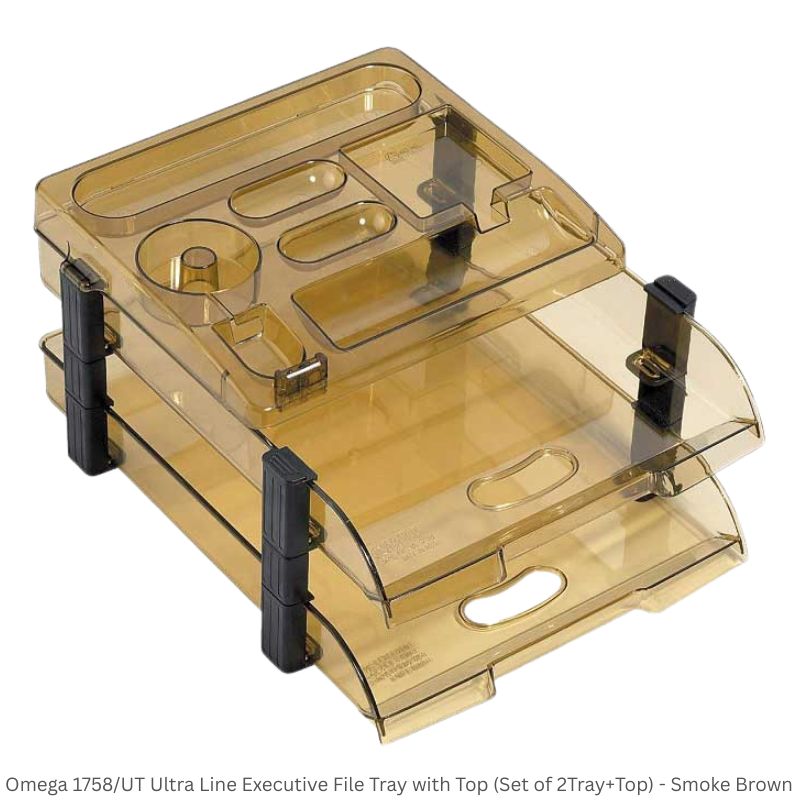 Omega Office Tray 1758/U2 Ultra Fine Executive File Tray Set with 2 Trays, 8 Clips, 4 Risers, 4 Caps & Stationery Top Organizer