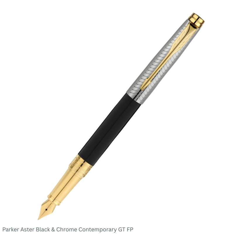 Parker Aster Black Chrome & Contemporary Gold Trim Fountain Pen Medium Point – Premium Dual Finish Pen