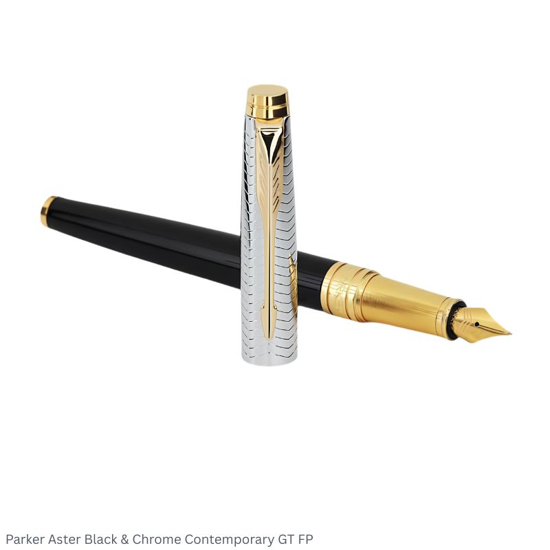 Parker Aster Black Chrome & Contemporary Gold Trim Fountain Pen Medium Point – Premium Dual Finish Pen