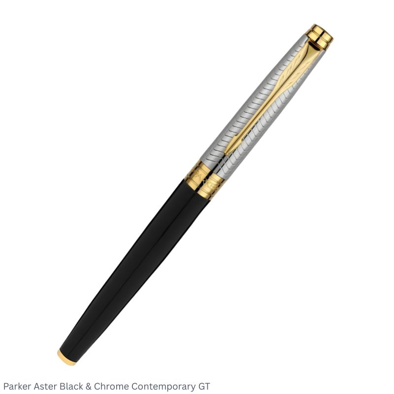Parker Aster Black Chrome & Contemporary Gold Trim Fountain Pen Medium Point – Premium Dual Finish Pen
