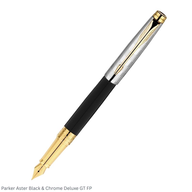 Parker Aster Black Chrome & Deluxe Gold Trim Fountain Pen Medium Point – Premium Dual Finish Pen