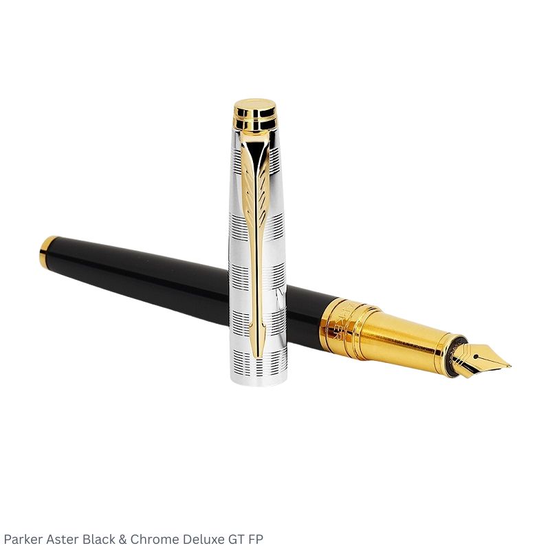 Parker Aster Black Chrome & Deluxe Gold Trim Fountain Pen Medium Point – Premium Dual Finish Pen