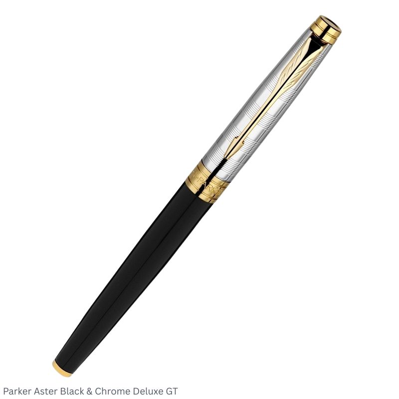 Parker Aster Black Chrome & Deluxe Gold Trim Fountain Pen Medium Point – Premium Dual Finish Pen