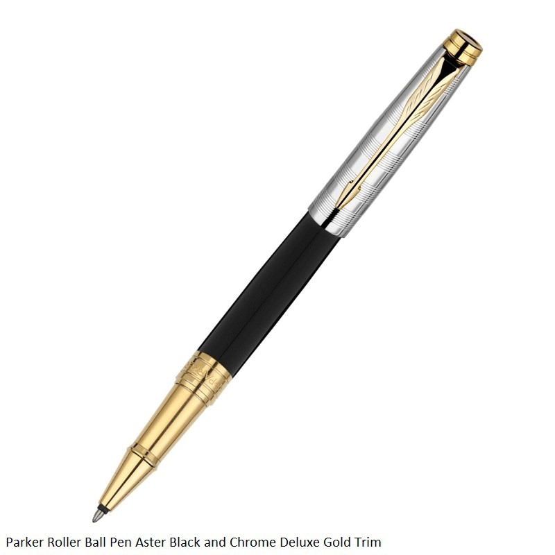 Parker Aster Black & Chrome Deluxe Gold Trim Rollerball Pen