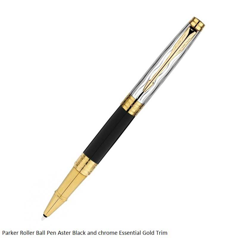 Parker Aster Black & Chrome Essential Gold Trim Rollerball Pen