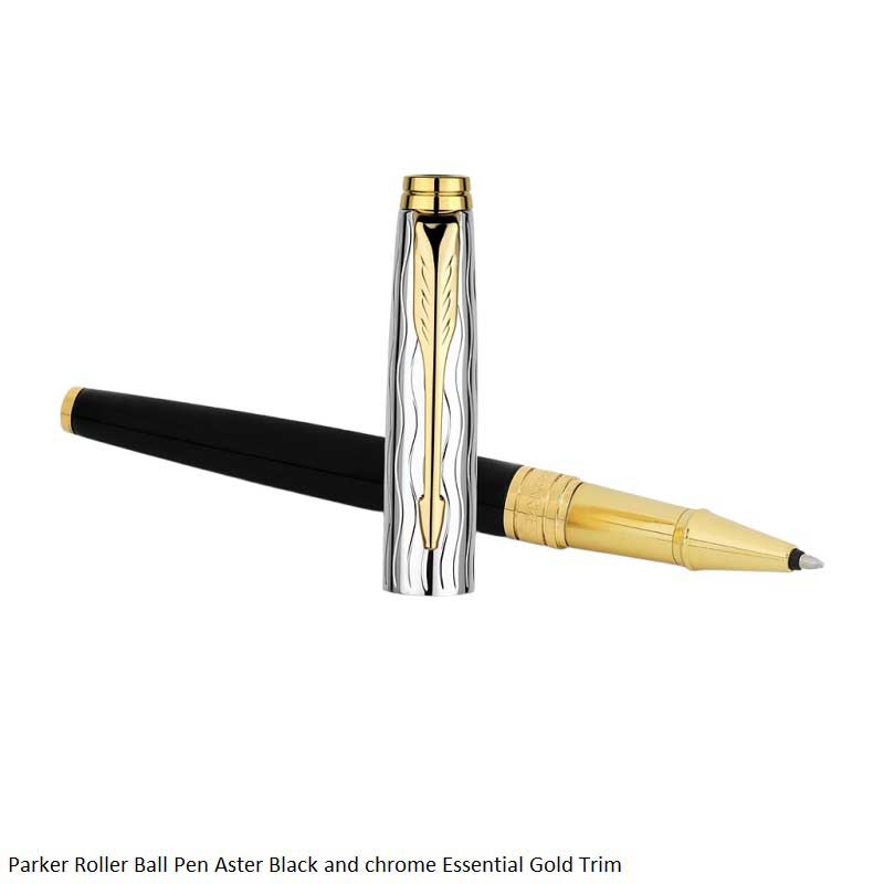 Parker Aster Black & Chrome Essential Gold Trim Rollerball Pen