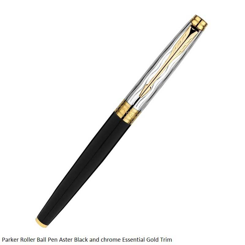 Parker Aster Black & Chrome Essential Gold Trim Rollerball Pen