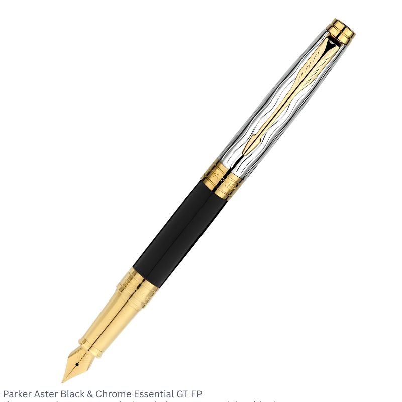 Parker Aster Black Chrome Essential Gold Trim Fountain Pen Medium Point – Premium Dual Finish Pen