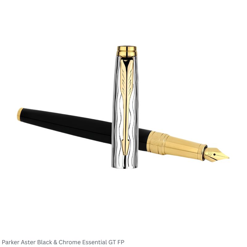 Parker Aster Black Chrome Essential Gold Trim Fountain Pen Medium Point – Premium Dual Finish Pen