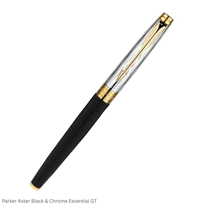 Parker Aster Black Chrome Essential Gold Trim Fountain Pen Medium Point – Premium Dual Finish Pen