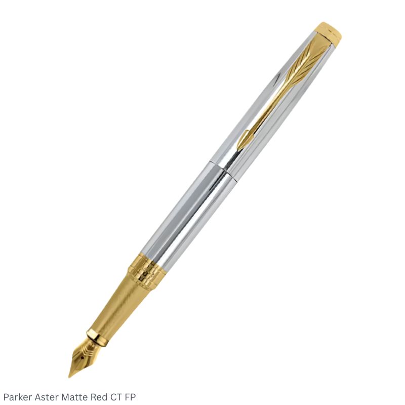 Parker Aster Shiny Chrome Gold Trim Fountain Pen Medium Point