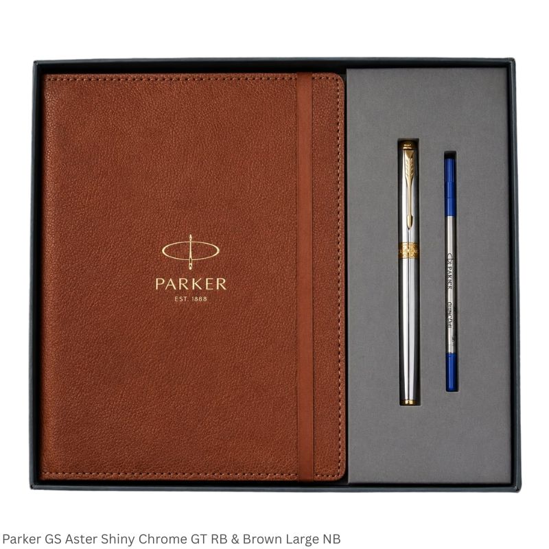 Parker Aster Shiny Chrome GT Roller Ball Pen and Brown Large Notebook Gift Set