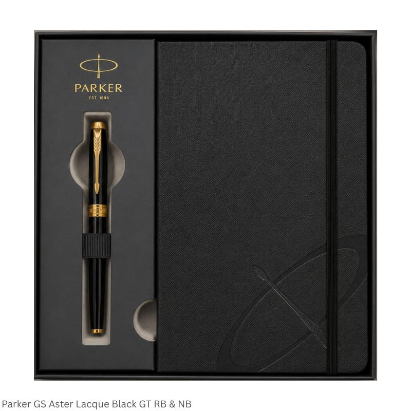 Parker Aster Lacquer Black GT Roller Ball Pen and Black Notebook Gift Set
