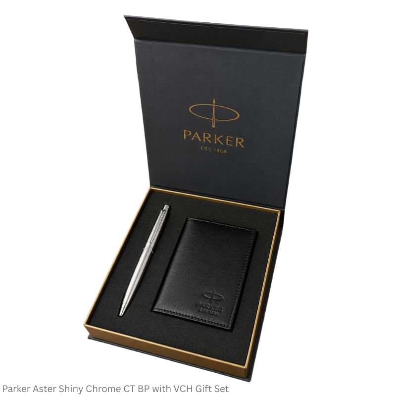 Parker Gift Set Aster Shiny Chrome - Chrome Trim Ballpoint Pen with Vising Card Holder