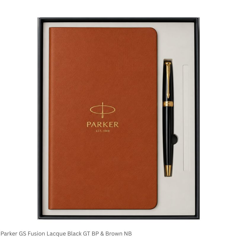 Parker Fusion Lacquer Black GT Ball Pen and Brown Notebook Gift Set