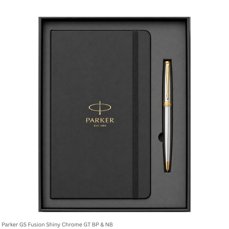 Parker Fusion Shiny Chrome GT Ball Pen and Black Notebook Gift Set
