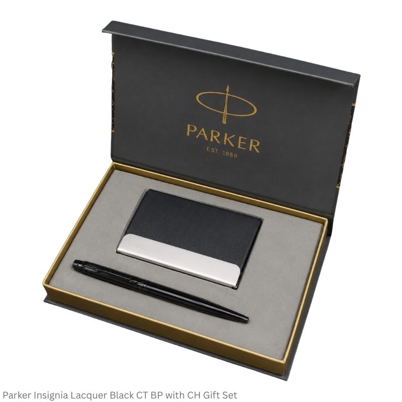 Parker Insignia Lacquer Black BMT Ballpoint Pen with Card Holder Gift Set