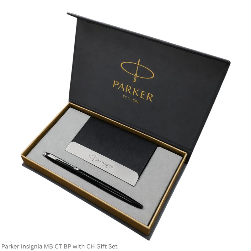 Parker Gift Set Insignia Matte Black Chrome Trim Ballpoint Pen with Card Holder