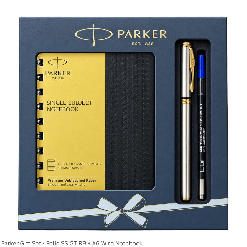 Gift Set - Parker Folio Stainless Steel Gold Trim Rollerball Pen with A6 Wiro Ruled Notebook Gift Set – 138 Pages
