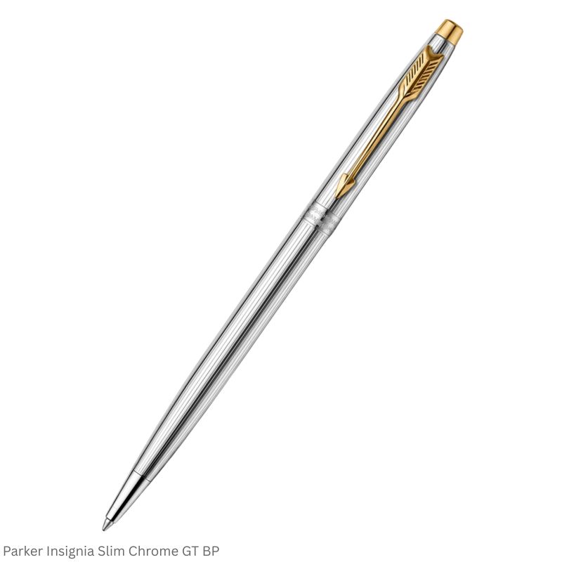 Parker Insignia (Slim) Shiny Chrome with Gold Trim Blue Quink Flow Twist Refill