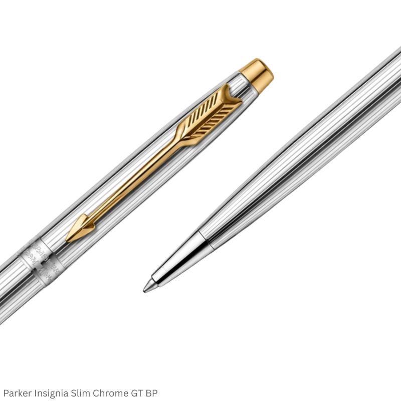 Parker Insignia (Slim) Shiny Chrome with Gold Trim Blue Quink Flow Twist Refill
