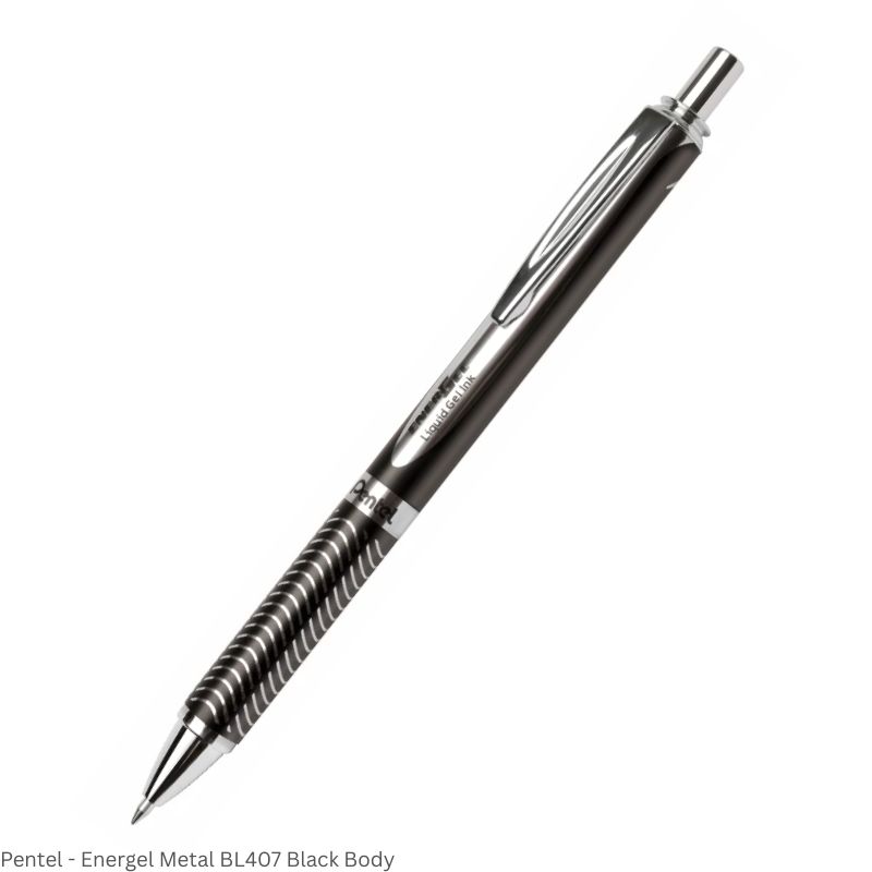 Pentel EnerGel Metal BL407 Gel Rollerball Pen – Black & Blue Body, 0.7mm Point, Blue Ink