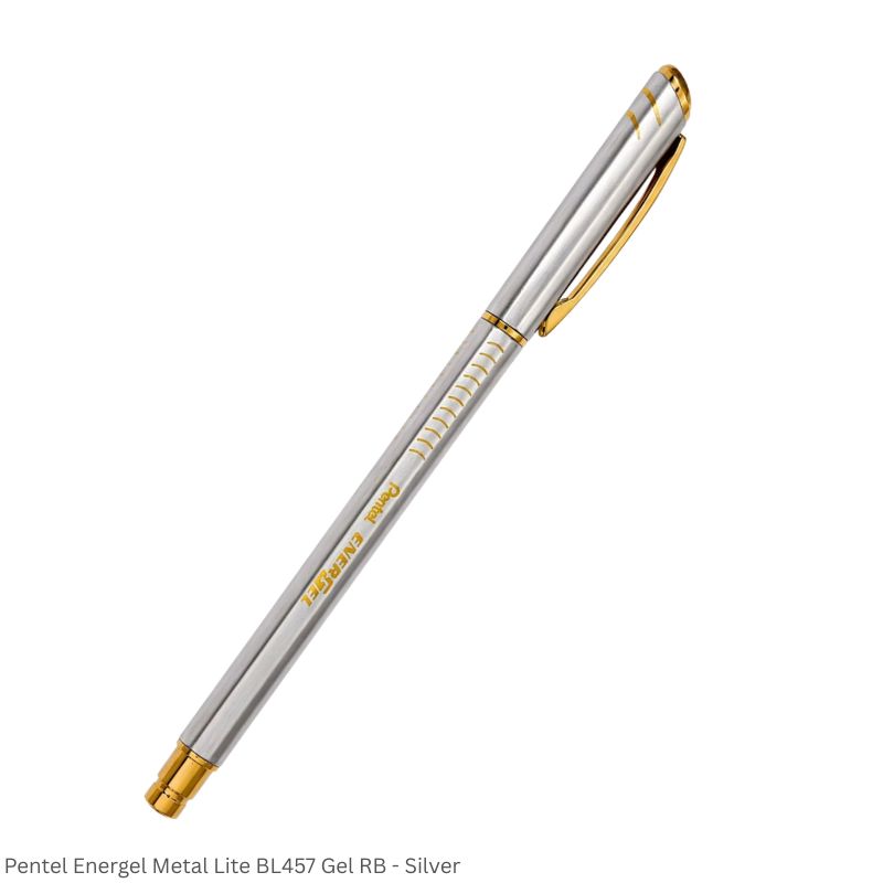 Pentel Energel Metal Life BL457 Gel Rollerball Pen Black and Silver Body, Point 0.7mm, Ink Color Blue