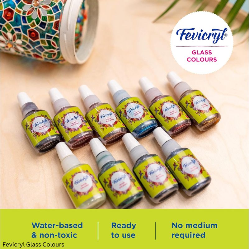 Fevicryl Water Based Glass Colours Set of 10 Shades and 6 Shades with Black 3D Outliner