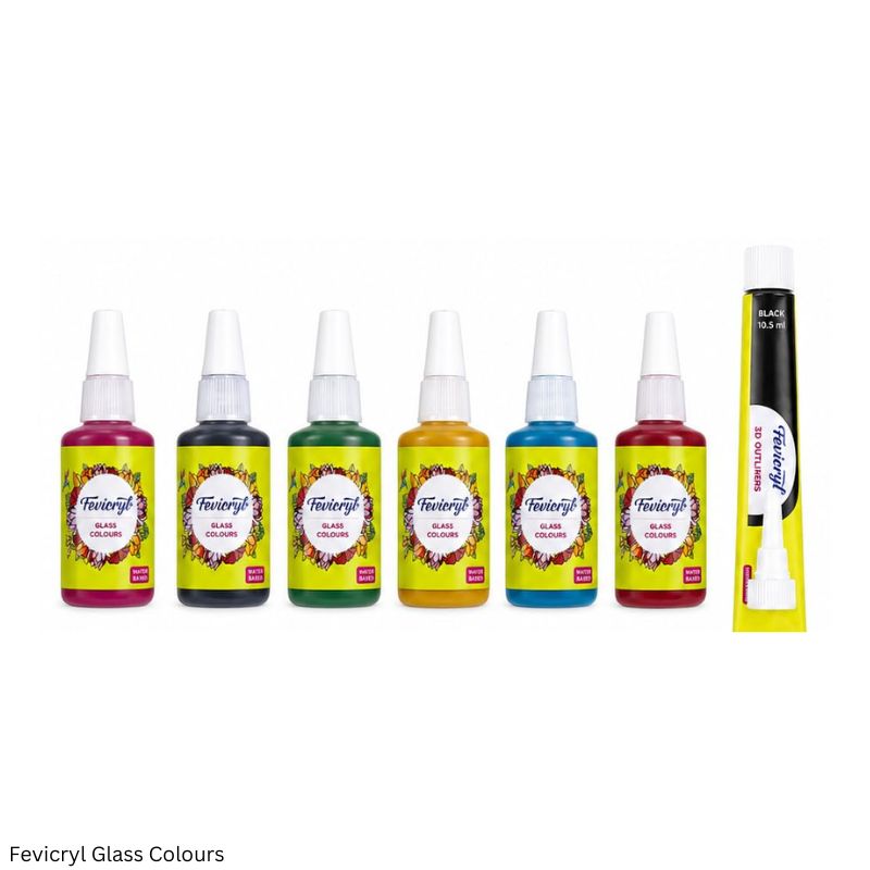 Fevicryl Water Based Glass Colours Set of 10 Shades and 6 Shades with Black 3D Outliner