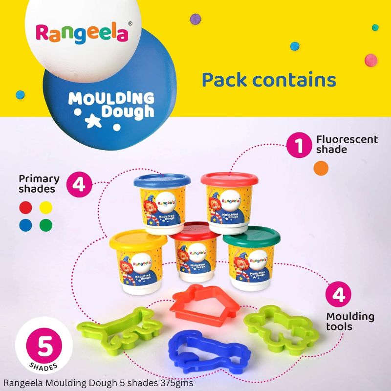 Rangeela Moulding Dough 375g – 5 Shades with 4 Moulding Tools | Creative Dough Kit for Kids