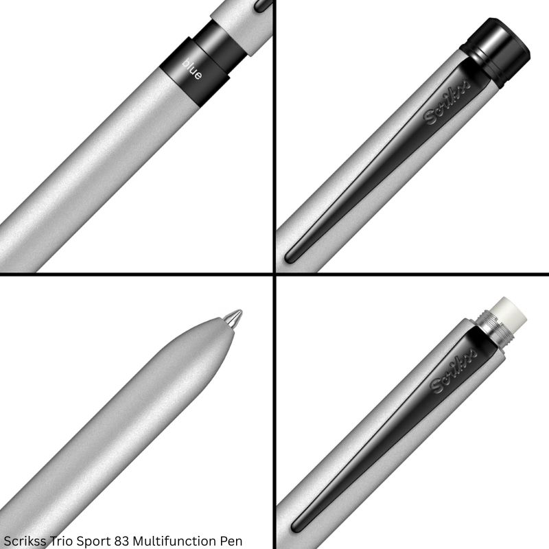 Scrikss Trio Sport 83 Metallic Grey 3-in-1 Multi Pen – Blue and Red Ballpoint with 0.7mm Mechanical Pencil