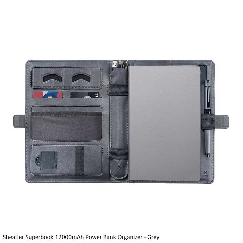 Sheaffer Superbook Wireless Power Bank Organizer 12000mAh Grey - Executive Portfolio