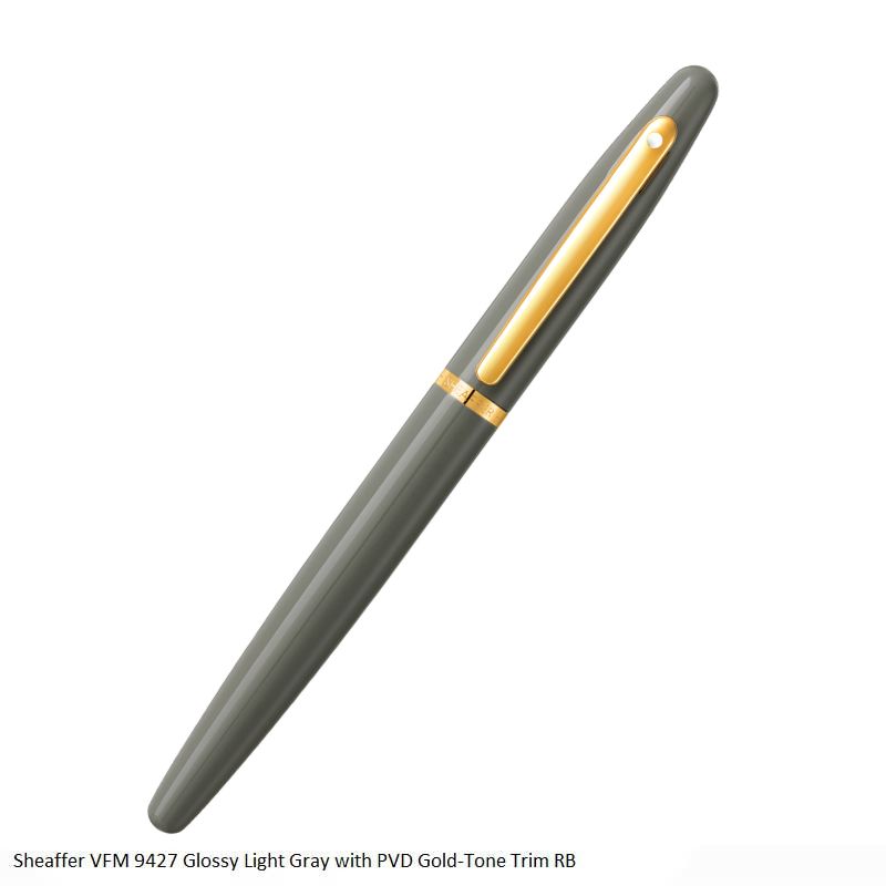 Sheaffer VFM 9427 Glossy Light Gray Rollerball Pen – PVD Gold-Tone Trim, Black Ink