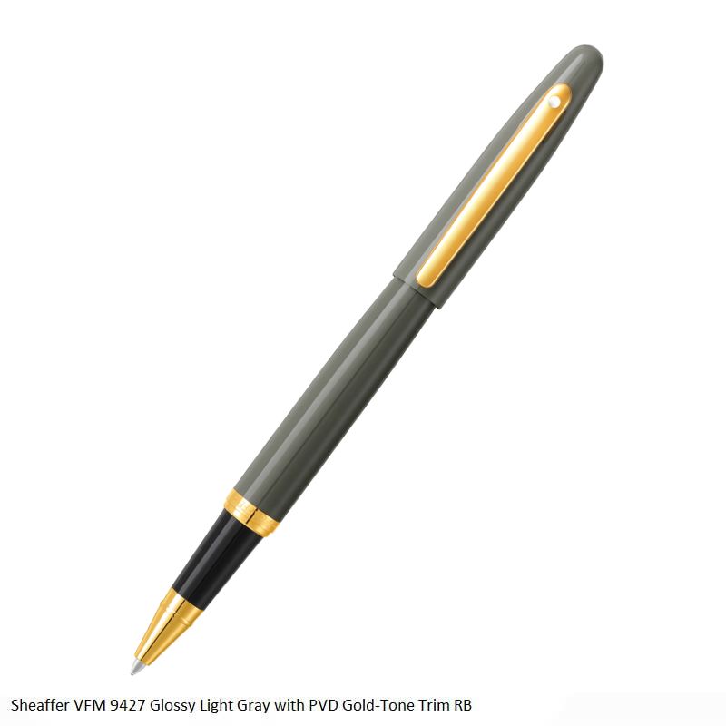 Sheaffer VFM 9427 Glossy Light Gray Rollerball Pen – PVD Gold-Tone Trim, Black Ink