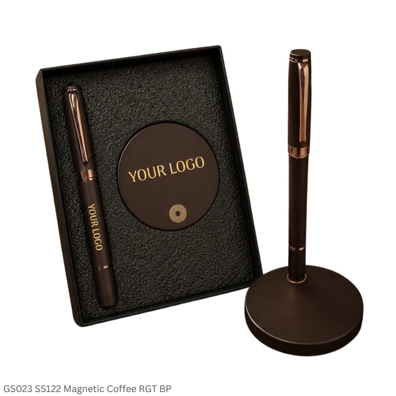 GS023 SS122 - Coffee Scented Blue Ink Ball Pen Rose Gold Trim with Magnetic Base Stand