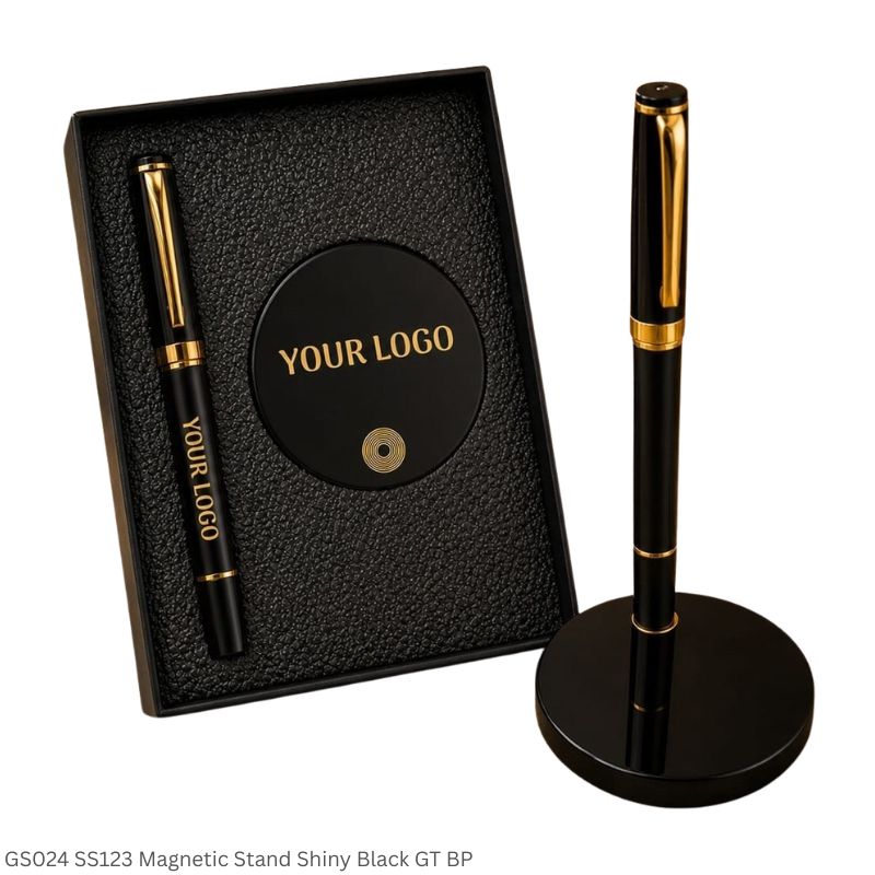 GS024 SS123 - Shiny Black Golden Trim Ball Pen with Magnetic Base Stand Ink Blue