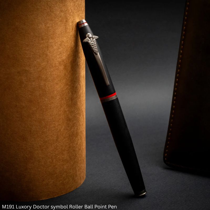 M191 Luxury Doctor Symbol Roller Ball Pen Matte Black Finish Metal Body with Gun Metal Trims