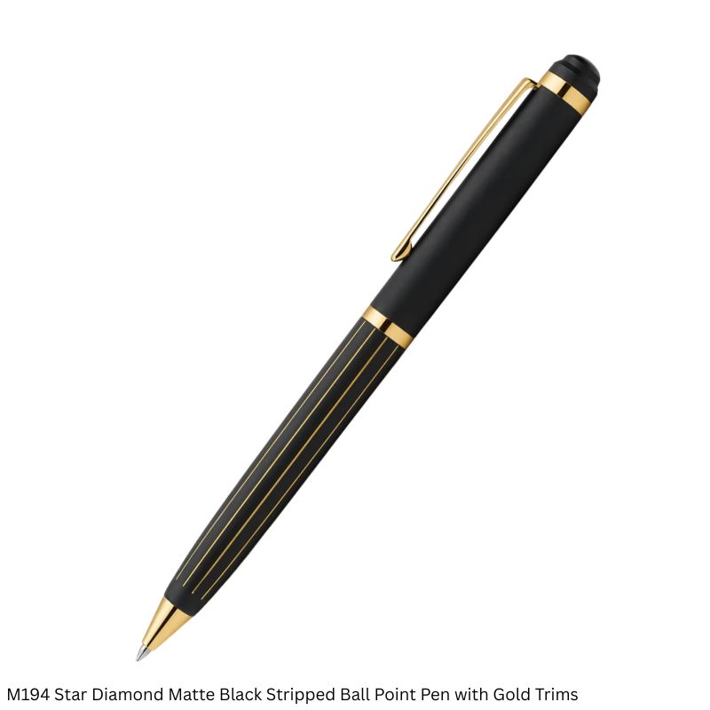 M194 Star Diamond Matte Black Striped Ball Point Pen with Gold Trims & Diamond-Topped Cap | Personalised Corporate Gift Pen
