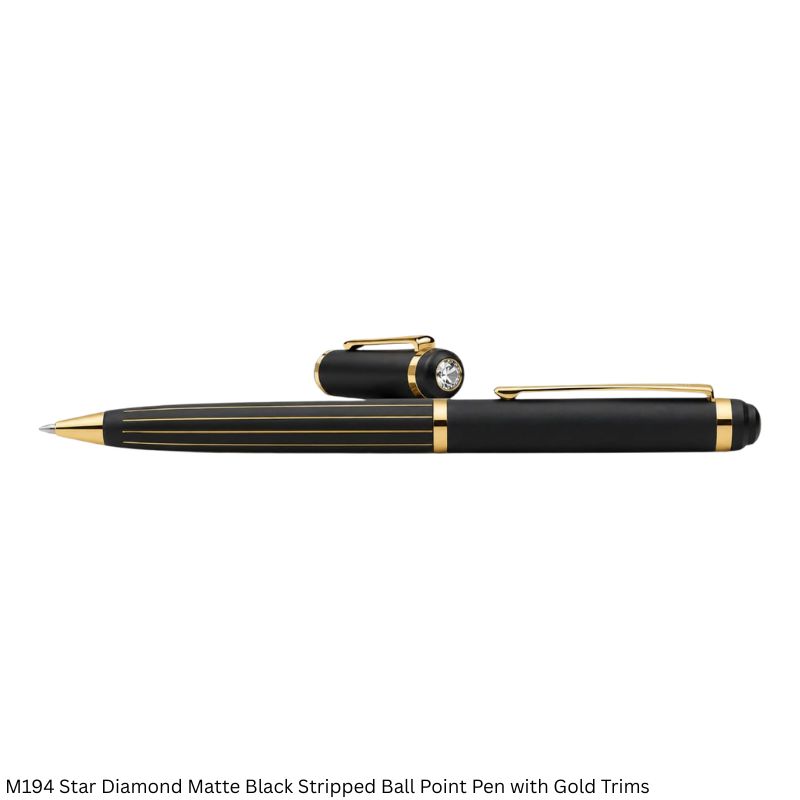 M194 Star Diamond Matte Black Striped Ball Point Pen with Gold Trims & Diamond-Topped Cap | Personalised Corporate Gift Pen