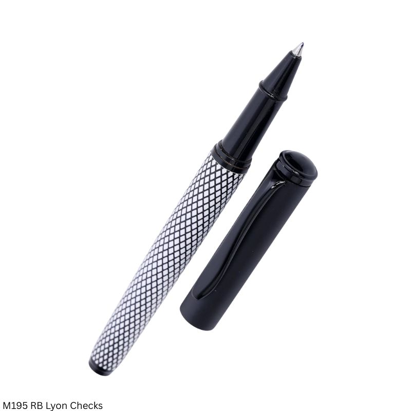 M195 Lyon Checks Roller Ball Pen – Black and White Diamond Cut Metal Body Executive Roller Pen